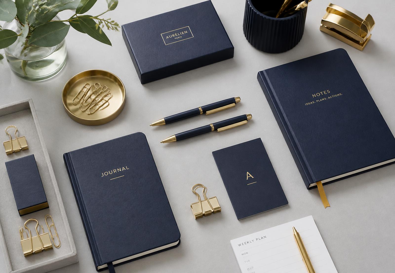 Premium navy and gold pens, hardcover notebooks, and organized office supplies on a light desk